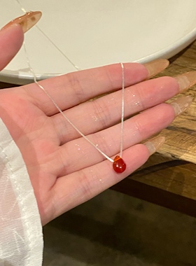纯银天然石红色玉髓项链锁骨链