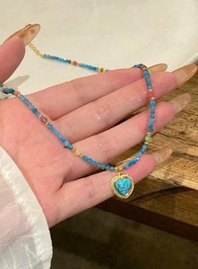 爱心蓝色天然石项链锁骨链女