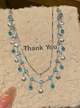 蓝色锆石贝壳项链百搭锁骨链