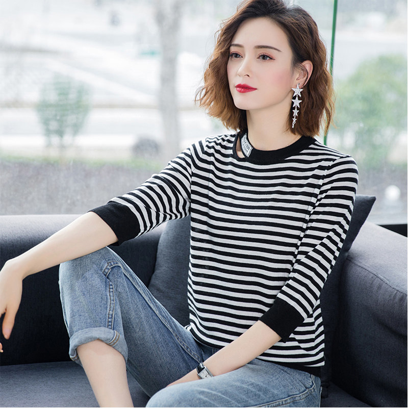 条纹t恤七分袖韩版半袖夏季打底衫 夏兰迪T恤