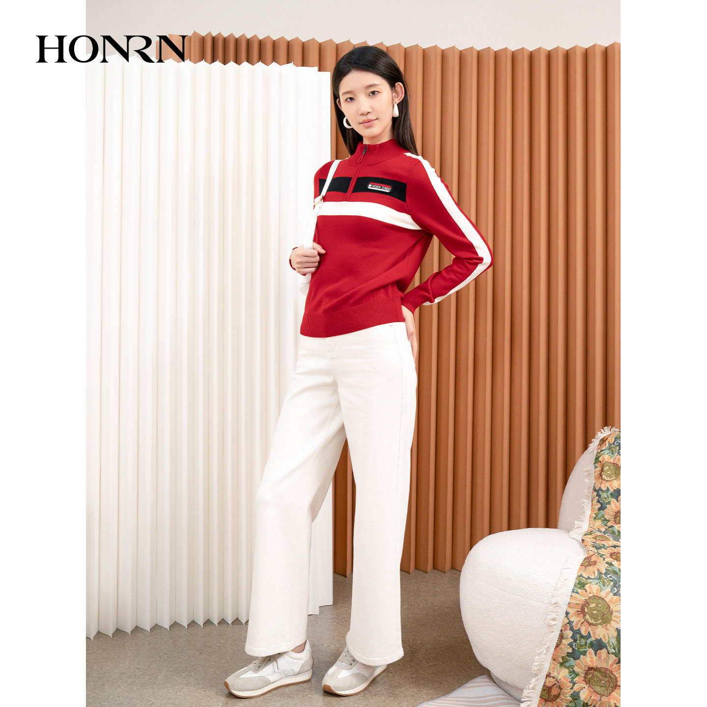 HONRN/红人休闲长袖半拉链立领羊毛衣针织衫上衣女秋冬HI55OM234 - 图0