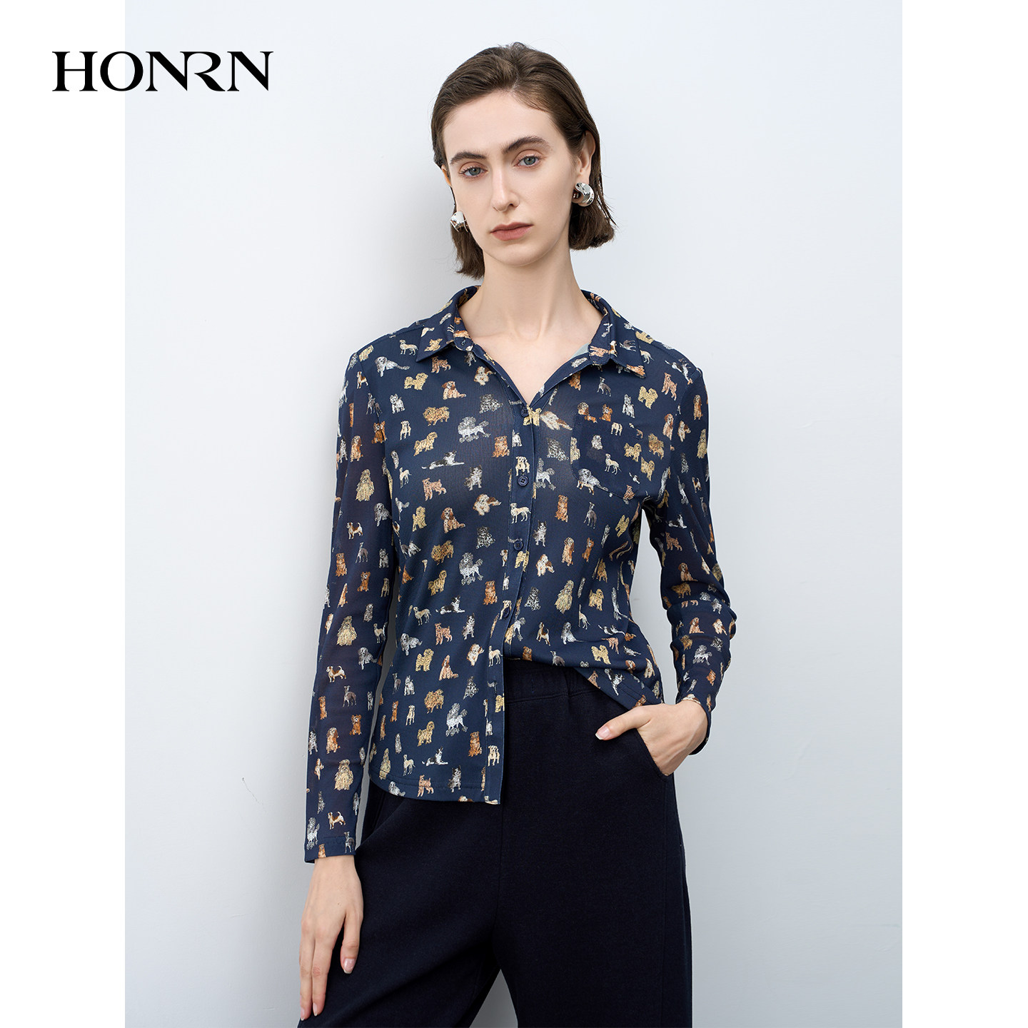 HONRN/红人精致印花翻领衬衫女冬款上衣内搭打底HK55SY310,淘宝优惠券,粉丝福利购,淘宝优惠卷