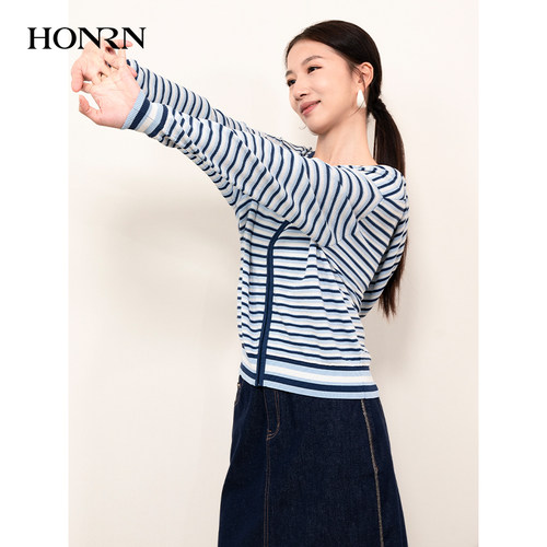 HONRN/红人蓝色条纹撞色连帽针织衫开衫外套上衣女春秋HI11OM524 - 图1