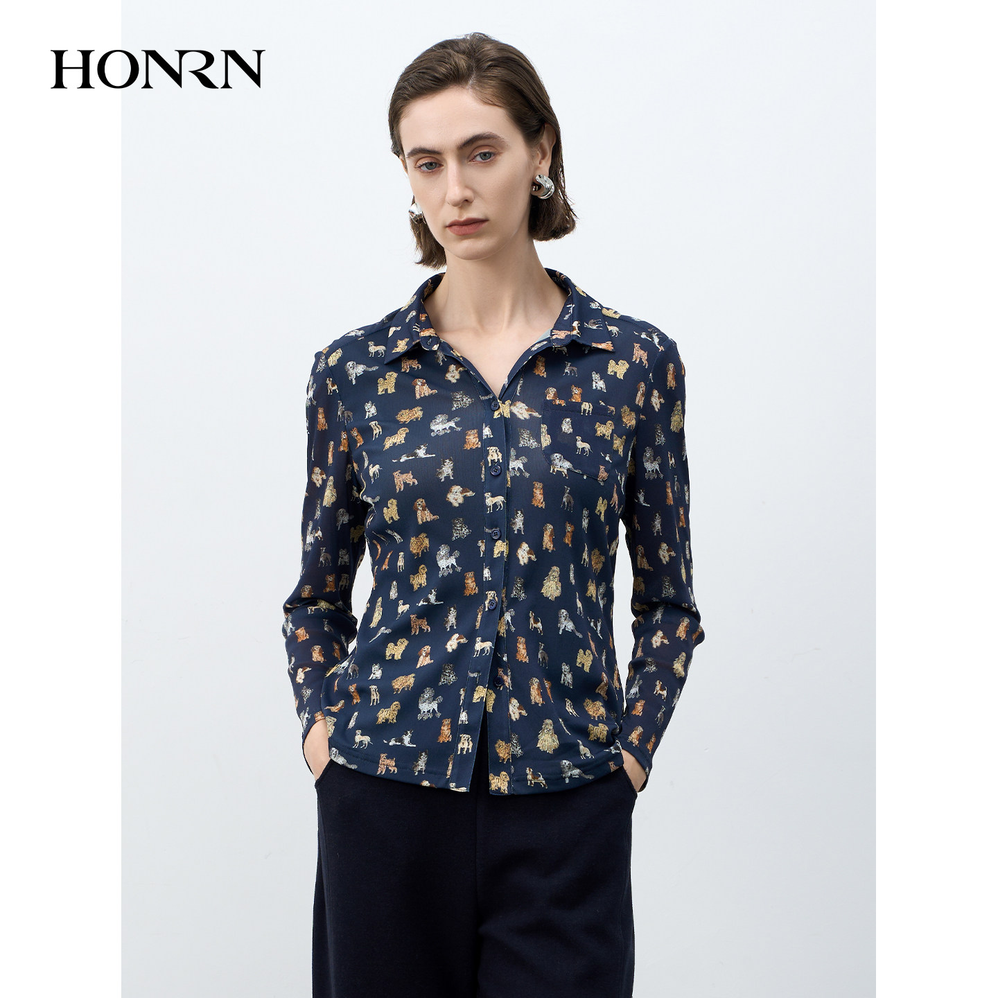 HONRN/红人精致印花翻领衬衫女冬款上衣内搭打底HK55SY310,淘宝优惠券,粉丝福利购,淘宝优惠卷