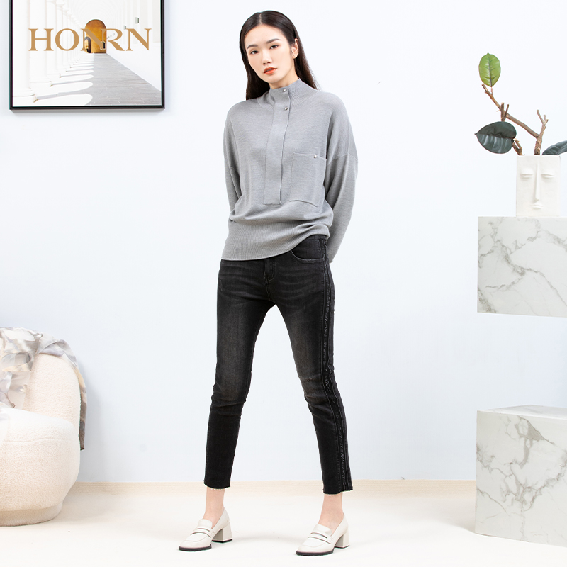 HONRN/红人早春休闲黑色裤子直筒修身九分棉质小脚牛仔裤女春秋款