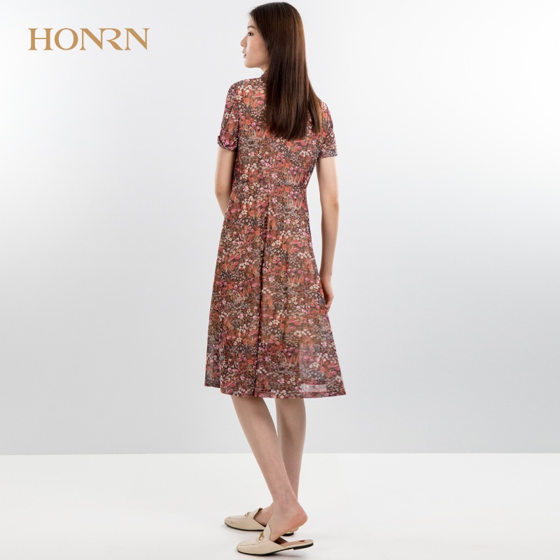 HONRN/红人女士微胖a字显瘦鲜艳连衣裙夏休闲印花中长款衬衫裙子 - 图2