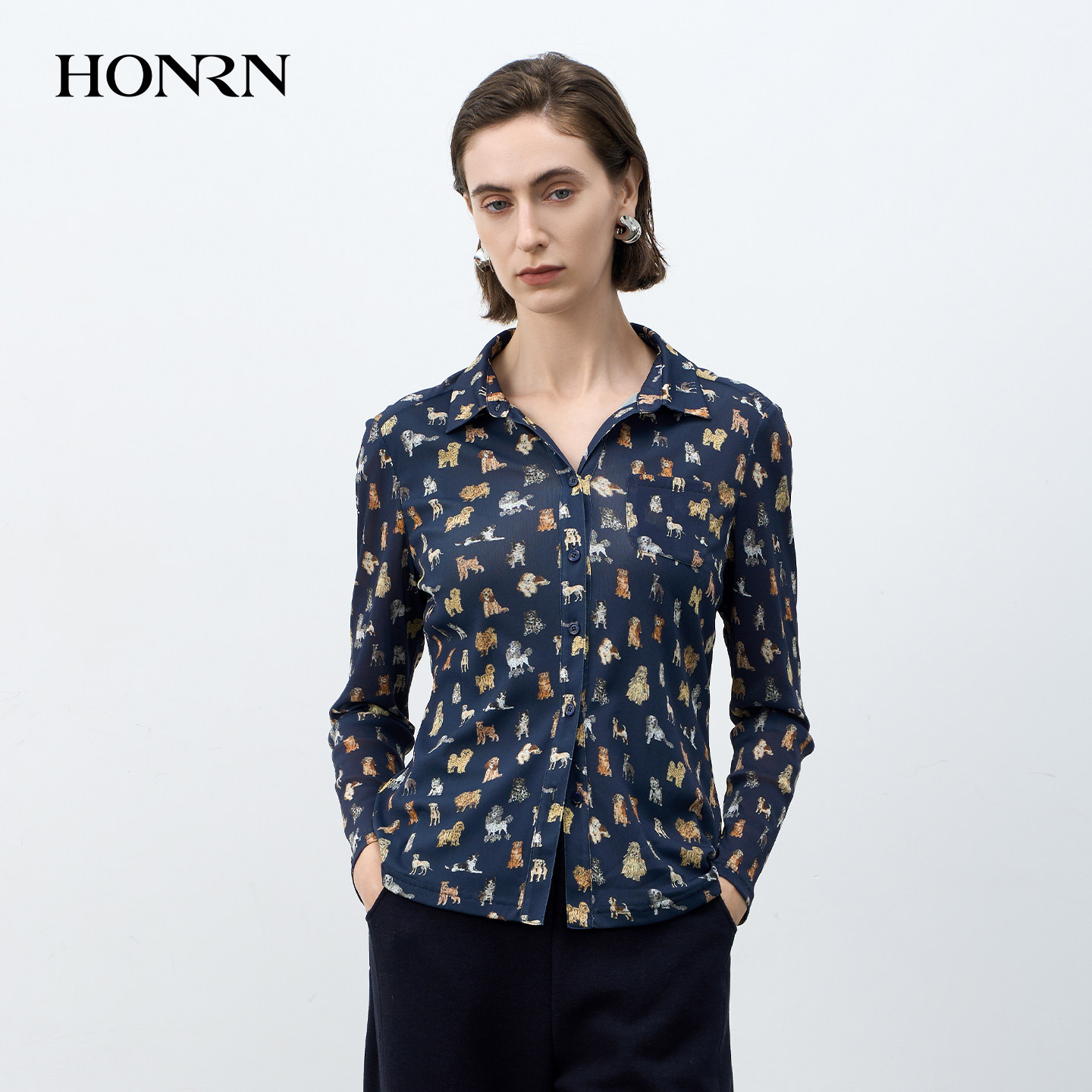 HONRN/红人精致印花翻领衬衫女冬款上衣内搭打底HK55SY310,淘宝优惠券,粉丝福利购,淘宝优惠卷