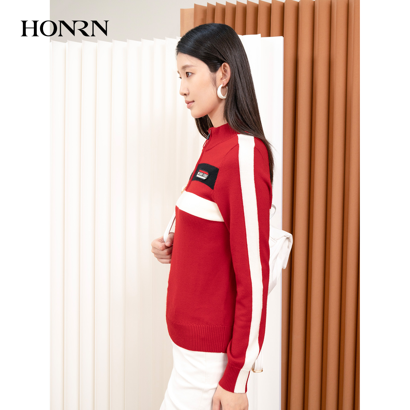 HONRN/红人休闲长袖半拉链立领羊毛衣针织衫上衣女秋冬HI55OM234 - 图1