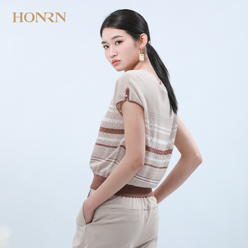 HONRN/红人休闲宽松显瘦镂空薄款短袖圆领套头针织衫上衣女夏季