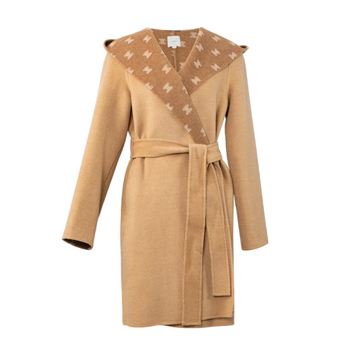 HONRN/红人连帽大翻领系带收腰羊毛呢子大衣外套女秋冬HG55OD466 - 图3