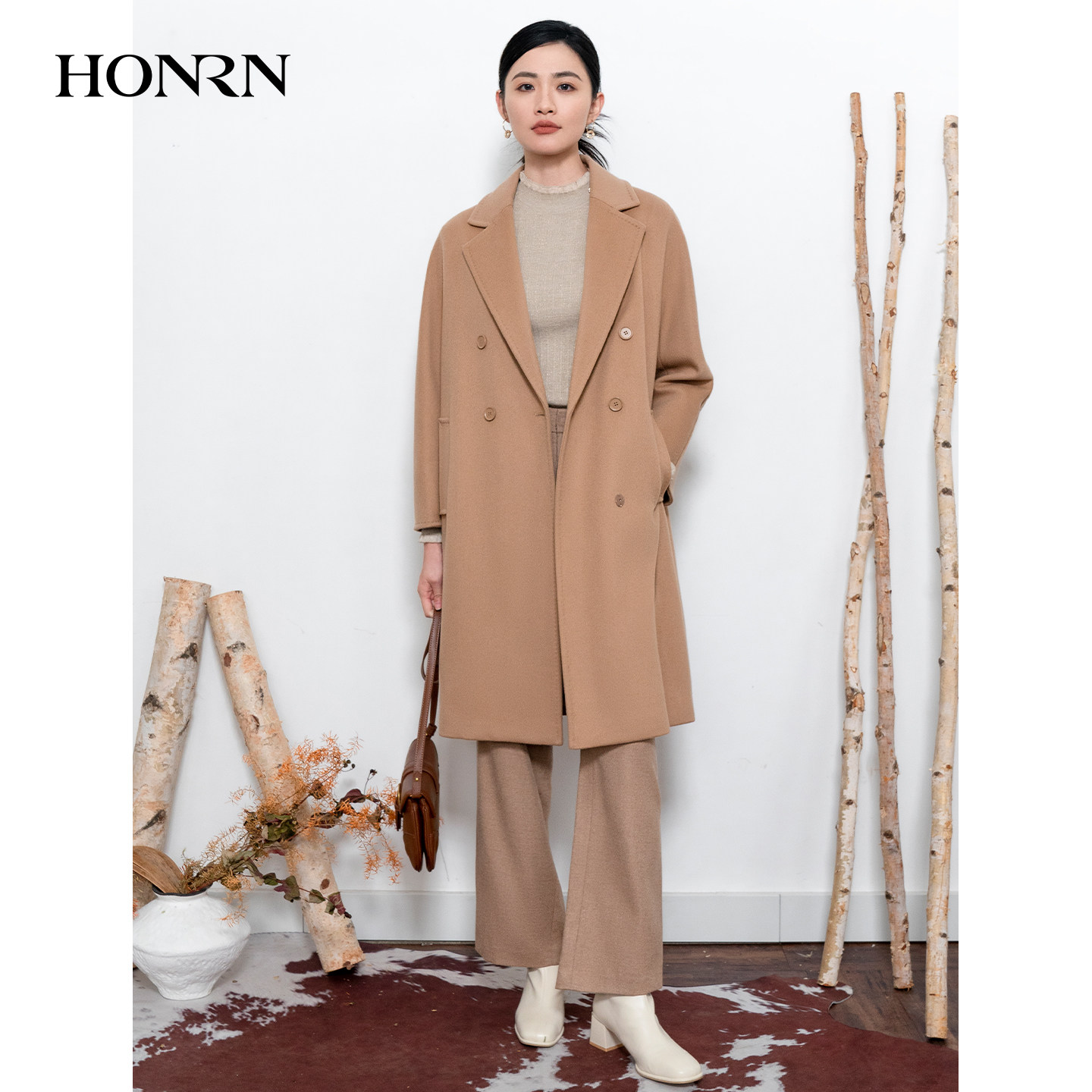 HONRN/红人西装领双排扣山羊绒羊毛呢子大衣外套女秋冬HI55OD481,淘宝优惠券,粉丝福利购,淘宝优惠卷