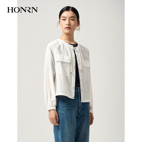 HONRN/红人白色简约长袖短外套女圆领宽松廓形休闲外套HJ22OS917 - 图2