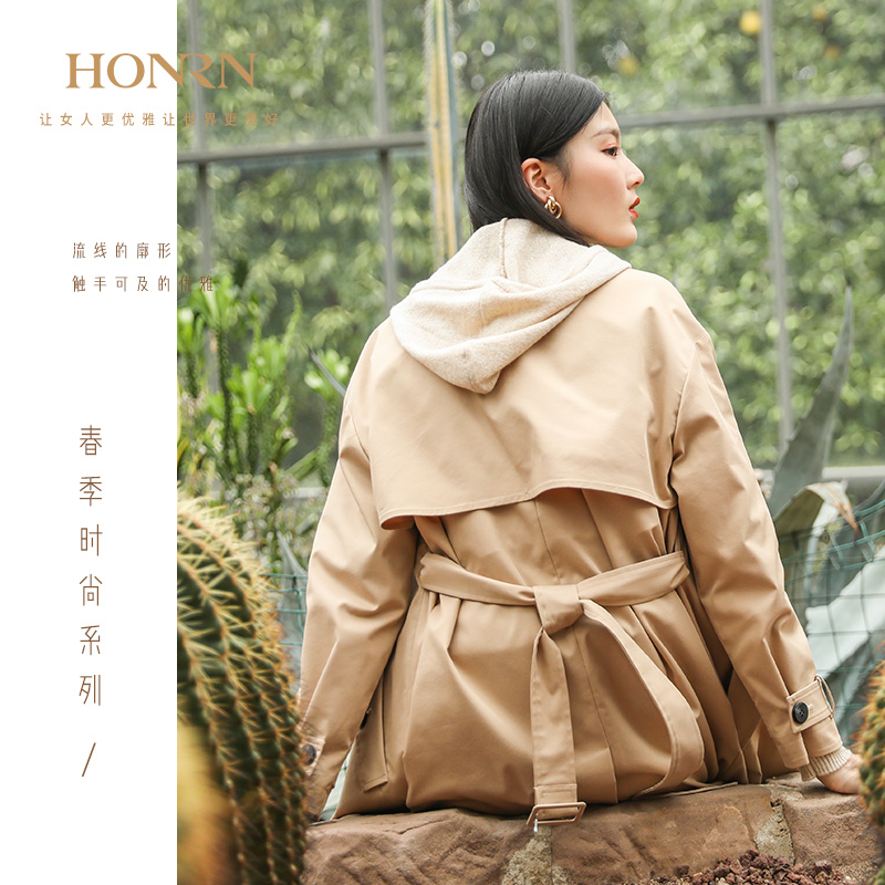 HONRN/红人女装新款今年风衣中长款洋气系带外套显瘦HG19OF159