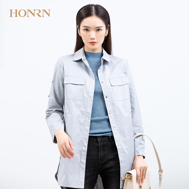 HONRN/红人休闲时尚蓝色修身显瘦长袖棉质风衣外套女中长款春秋款