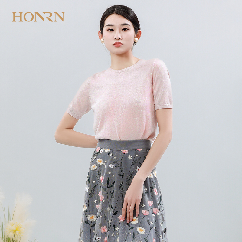 HONRN/红人时尚修身显瘦薄款圆领套头针织衫短袖t恤上衣女夏季