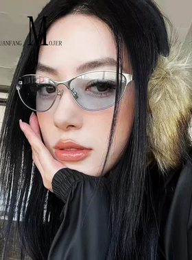 2025新款金属老钱风猫眼银框蓝色墨镜女方圆脸显瘦网红高级感墨镜