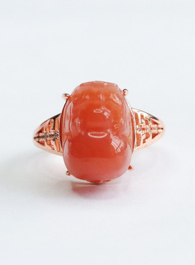 天然红玛瑙貔貅戒指红色粉色正品石雕指环立体镶嵌招财幸运饰品