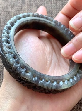 和田玉手镯葡萄烟紫雕花天然玉石雕刻镯子渐变多色冰润方镯首饰