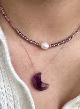 Ins博主同款复古轻奢风天然石紫晶系列项坠饰品14K金叠戴混搭项链