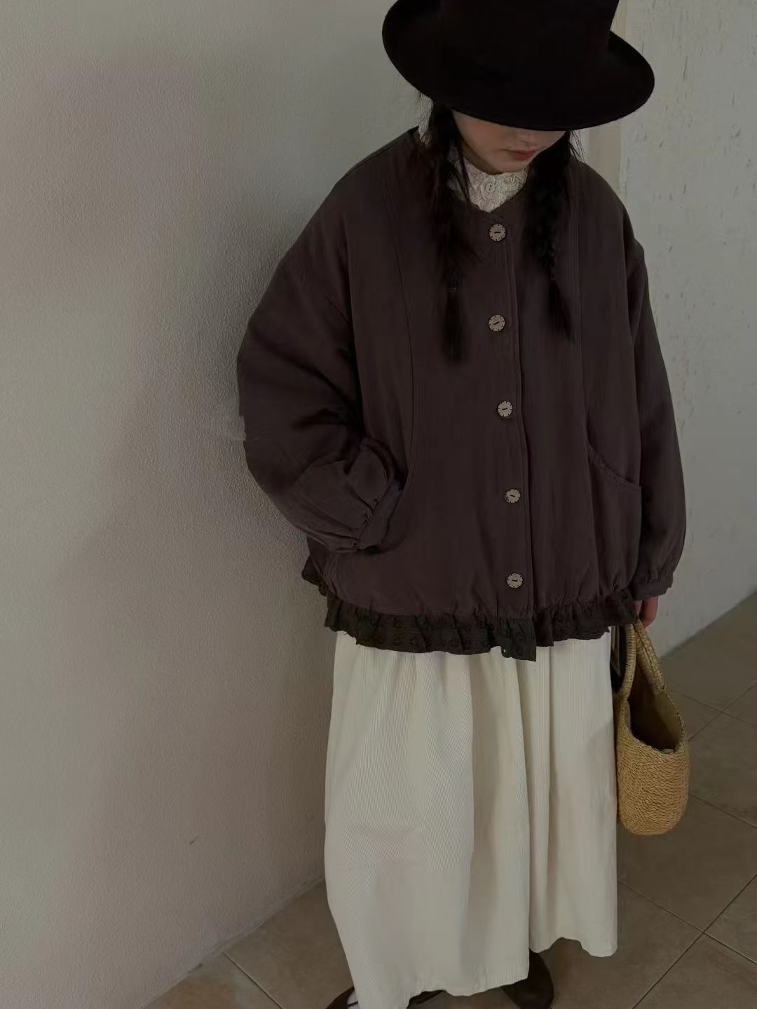 2025冬季新款韩版圆领麻料镂空花边棉服外套