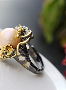镀金手工天然淡水珍珠夸张指环