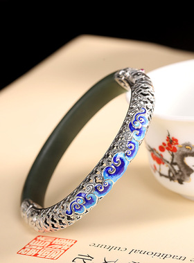国潮复古镶嵌925纯银青玉手镯
