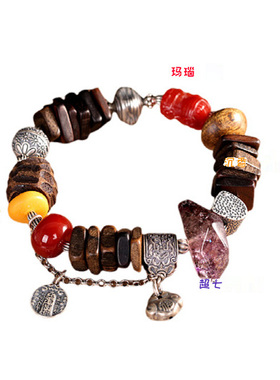 S925纯银复古天然沉香蜜蜡手链