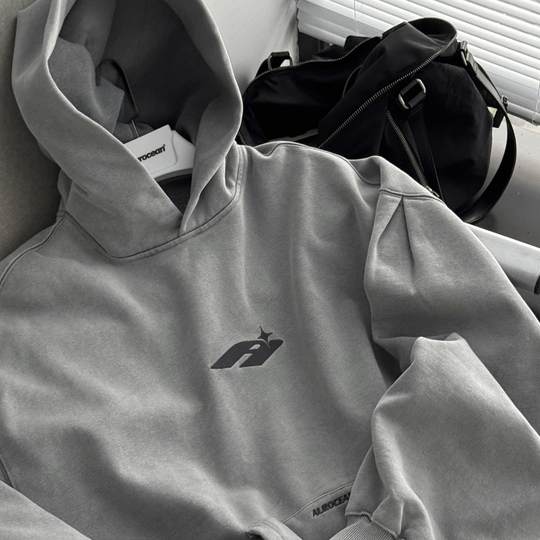 Aurocean 炒盐水洗灰刺绣连帽卫衣 重磅纯棉抓绒磨毛宽版廓形内搭