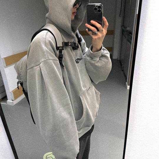 Aurocean 炒盐水洗灰刺绣连帽卫衣 重磅纯棉抓绒磨毛宽版廓形内搭