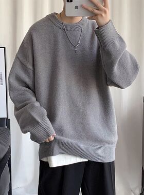 2021秋冬季纯色圆领毛衣男女情侣装宽松针织线衫百搭套头打底衫