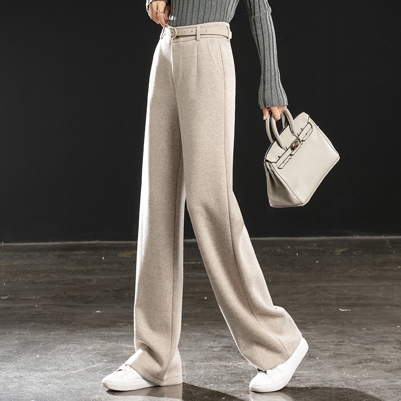 米色加厚羊毛呢阔腿裤子女高腰长裤 山姑休闲裤