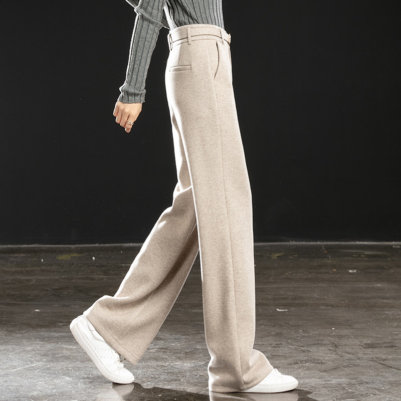 米色加厚羊毛呢阔腿裤子女高腰长裤 山姑休闲裤