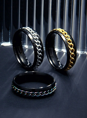 KANZAO小饰品6MM宽不锈钢转动链条情侣戒指减压指环对戒