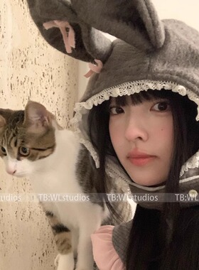 甜美兔~可爱兔子耳朵造型毛绒套头帽子女秋冬季护耳雷锋帽显脸小