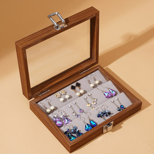 胡桃木色珠宝箱戒指项链收纳盒耳环耳钉手串饰品盒实木珠宝首饰盒 - 图1