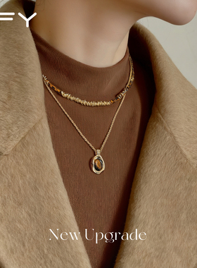 复古美拉德虎眼石项链女款2025新款爆款双层叠戴天然石串珠毛衣链