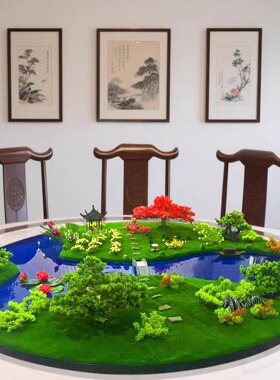酒店大园桌转盘中间摆花摆件新中式仿真花装饰品山水景观餐厅商用