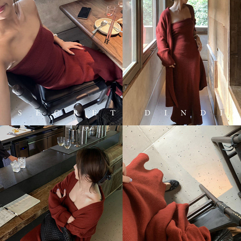 SECRET DINDI 安哥拉红 针织开衫外套+抹胸套装女秋季复古两件套,淘宝优惠券,粉丝福利购,淘宝优惠卷