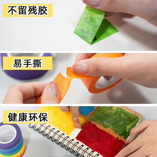 友日久彩色美纹纸胶带儿童早教手工diy贴纸无痕分色地标线红橙黄绿蓝色标识不残胶美术生专用七色彩虹纸胶带 - 图1