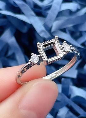 S926银戒指空托方形5*5mm定制橄榄石戒指男女指环简约精致开口戒