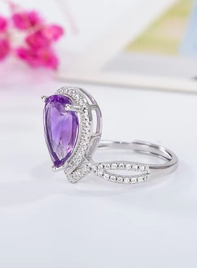S925纯银水滴型8*13mm戒指空托豪华围钻皇冠款天然紫水晶表白戒指
