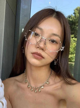 gm同款未来感金属框机能风镶钻眼镜女潮流高级感千禧辣妹平光镜潮
