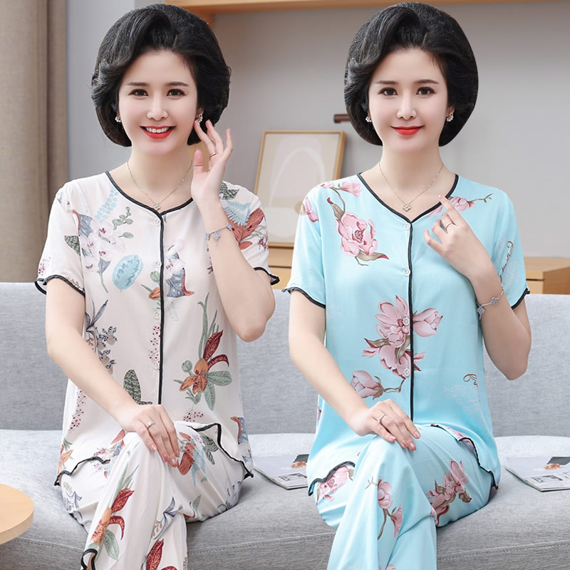 老年人女装睡衣春秋款短袖短裤妈妈棉绸开衫套装宽松家居服可外穿 - 图1
