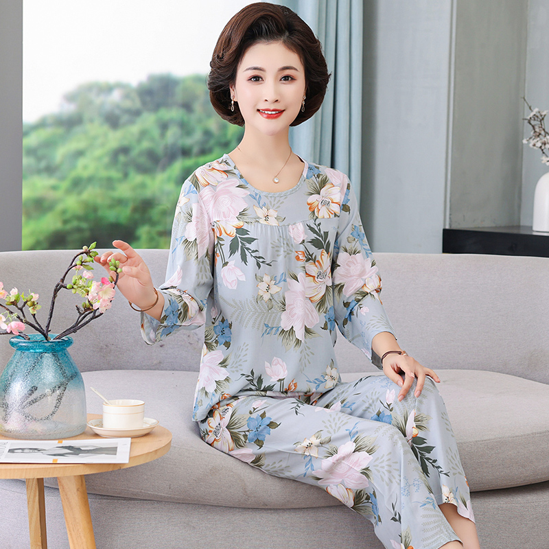 中老年棉绸睡衣女装可外穿女款2025新款夏季长袖大码妈妈绵绸套装 - 图1