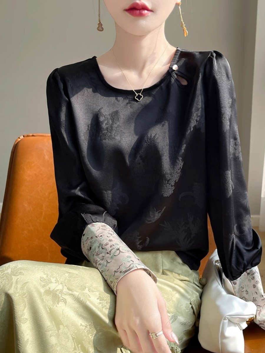 国风提花真丝上衣女春2025新款盘扣新中式复古拼长袖桑蚕丝衬衫,淘宝优惠券,粉丝福利购,淘宝优惠卷