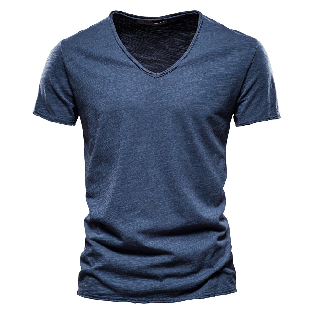 2023 Men's top plain cotton V-neck short-sleeved T-shirt - 图0