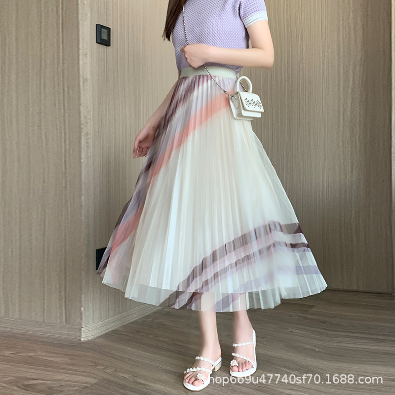 Printed Pleated Pleated A-Line Skirt印花弹力腰百褶大摆A字-图1