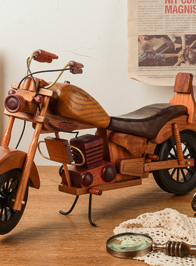 复古木质摩托车 摆件创意家居桌面摩托车模型装饰摆件木质工艺品