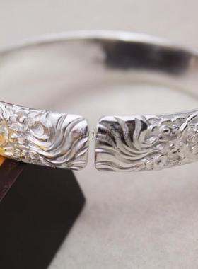 纯手工雕刻浮雕雪花银纯银银手镯