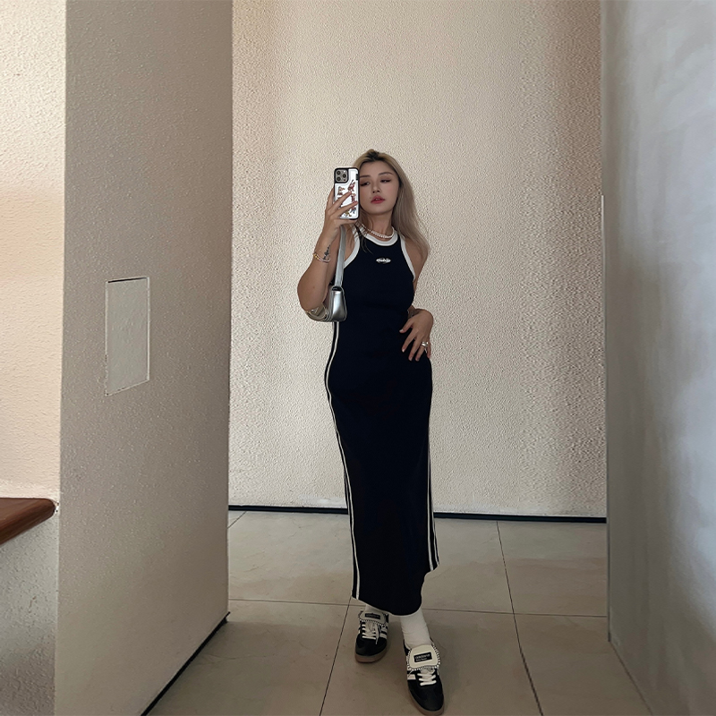 LTGIRL2024大码性感吊带裙子夏季美式黑白撞色工字领显瘦连衣裙 - 图2
